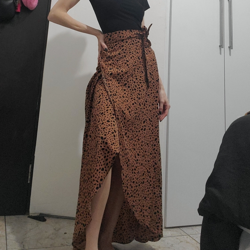 Brown maxi wrap with black speckled cheetah print Skirt